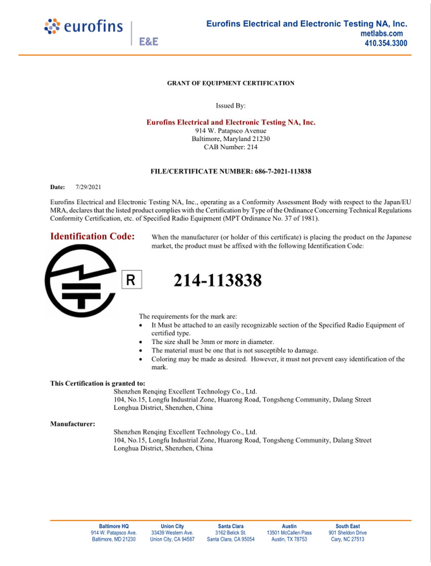 Certificado de plotter inteligente TELEC EMC113838 Japão 1